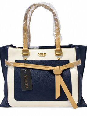GUESS Aurara Satchel Handbag – Navy Combo with Cream & Tan Accents